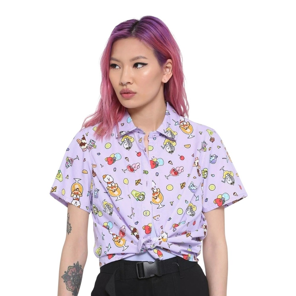 BT21 Line Friends BTS Summer Cocktails Lavender Cotton Button Down Shirt Sz S